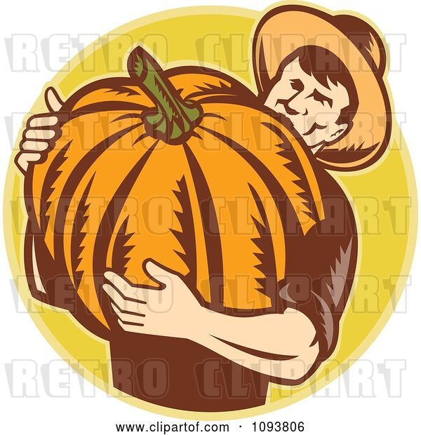 Vector Clip Art of Retro Pumpkin Farmer Carrying a Big Gourd