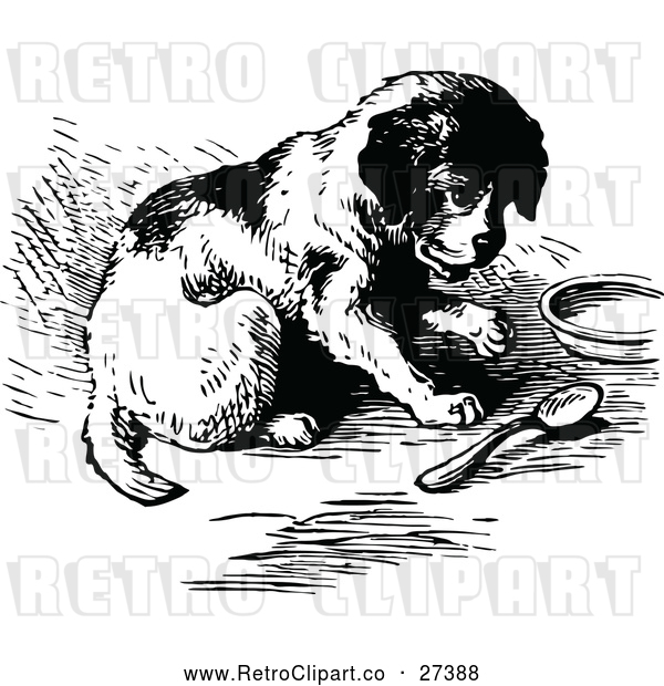 Vector Clip Art of Retro Puppy with a Spoon and Dish