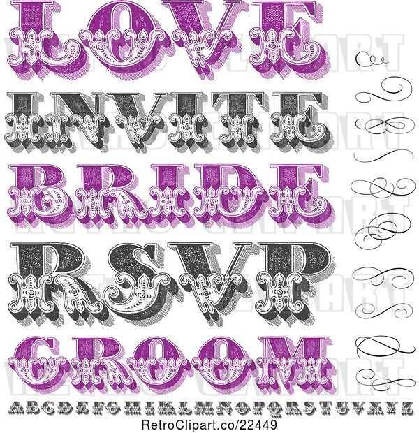 Vector Clip Art of Retro Purple and Swirls Letters and Marriage Words