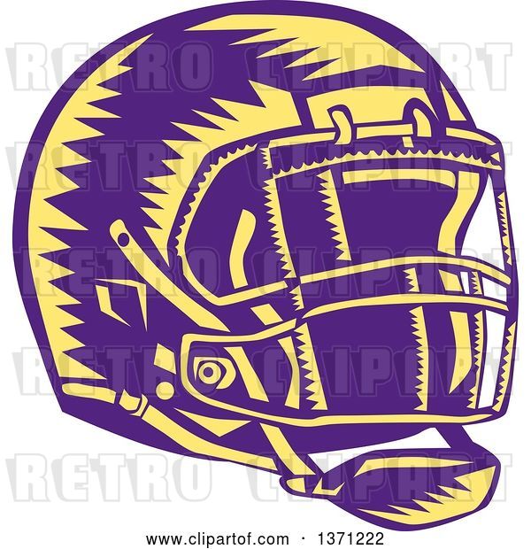 Vector Clip Art of Retro Purple and Yellow Woodcut American Football Helmet
