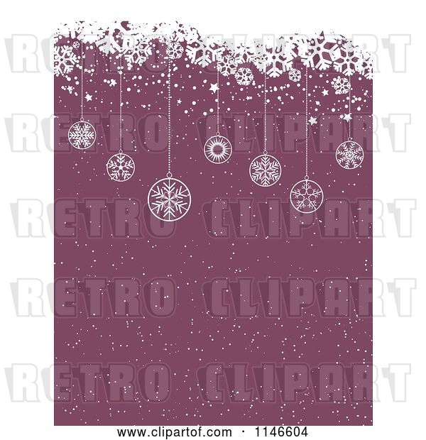 Vector Clip Art of Retro Purple Christmas Snow Background with Grunge and Hanging Ornaments