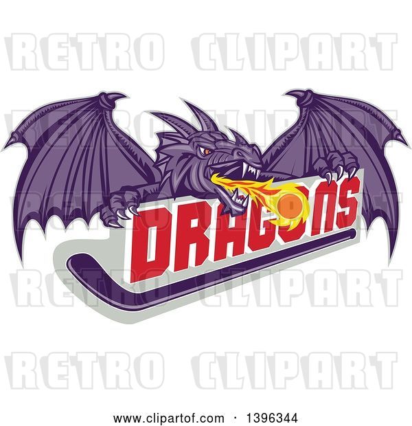 Vector Clip Art of Retro Purple Fire Breathing Dragon and a Ball over Text and Hockey Stick