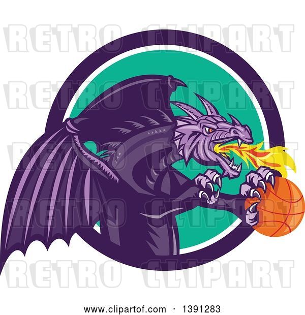 Vector Clip Art of Retro Purple Fire Breathing Dragon Flying with a Basketball and Emerging from a Circle