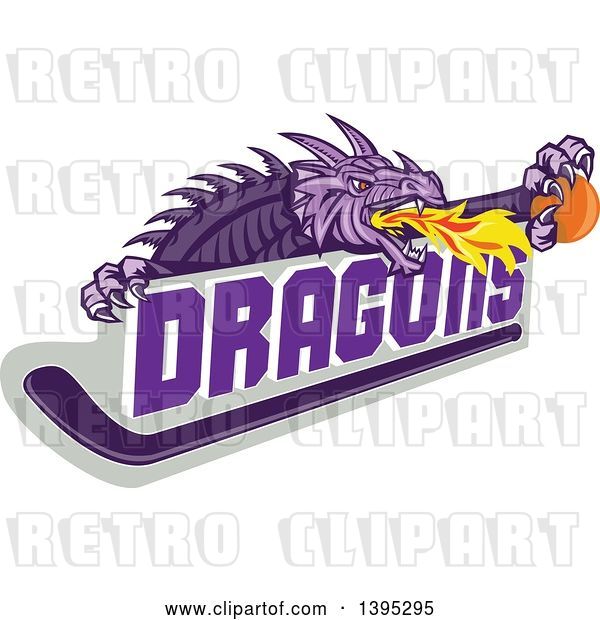 Vector Clip Art of Retro Purple Fire Breathing Dragon Holding a Ball over Text and Hockey Stick