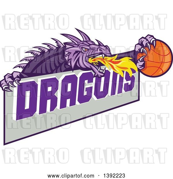 Vector Clip Art of Retro Purple Fire Breathing Dragon Holding a Basketball over Text