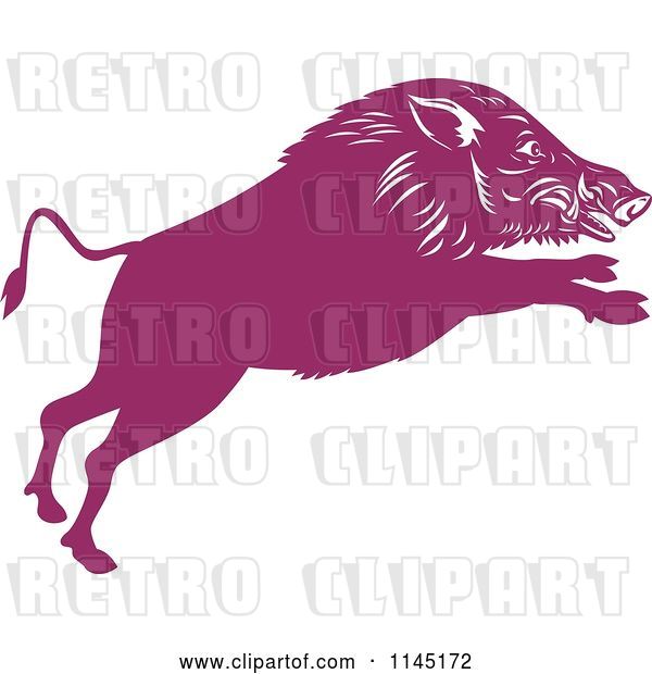 Vector Clip Art of Retro Purple Leaping Wild Boar Pig