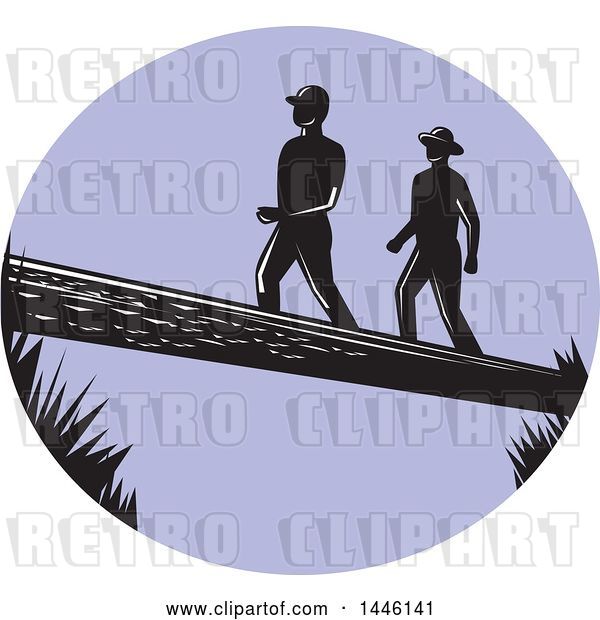 Vector Clip Art of Retro Purple Oval with Silhouetted Woodcut Men Crossing a Log
