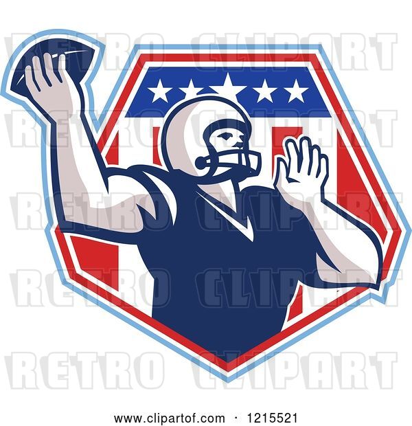 Vector Clip Art of Retro Quaterback American Football Player Throwing over a Patriotic Crest Shield