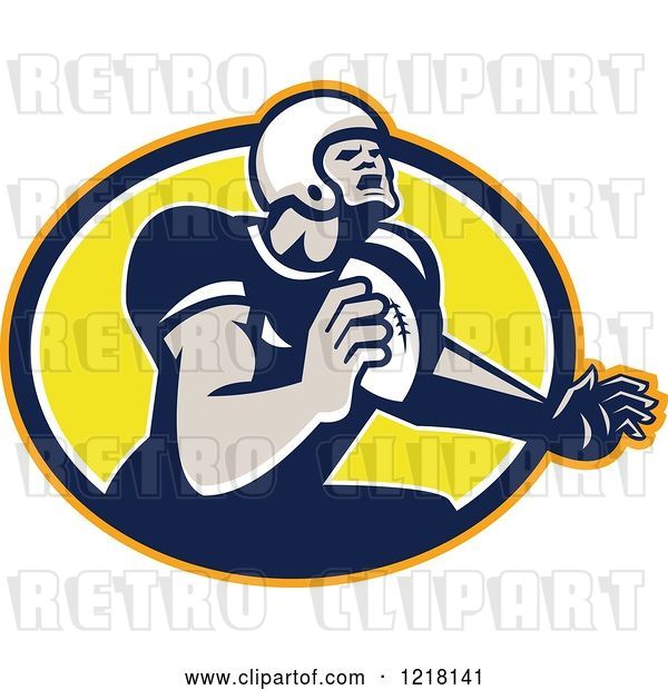 Vector Clip Art of Retro Quaterback American Football Player Throwing over an Oval