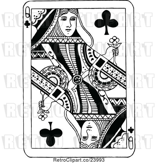 Vector Clip Art of Retro Queen of Clubs Playing Card