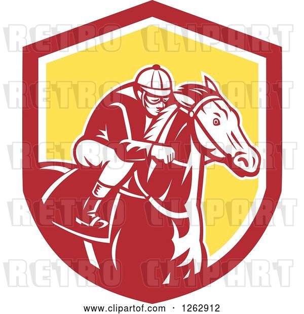 Vector Clip Art of Retro Racing Jockey in a Red White and Yellow Shield