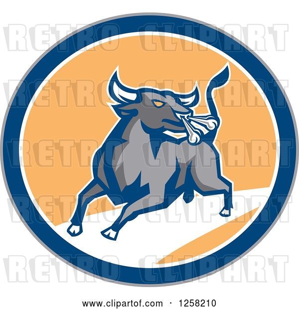 Vector Clip Art of Retro Raging Bull Charging in a Gray Blue White and Orange Circle