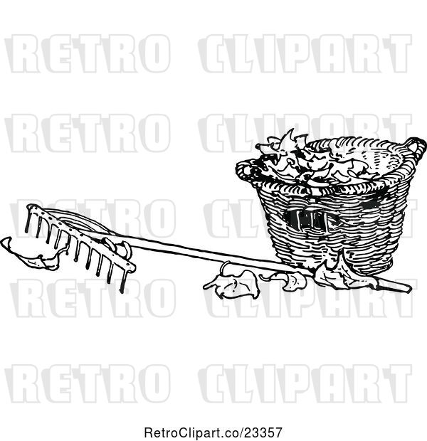 Vector Clip Art of Retro Rake and Basket of Autumn Leaves