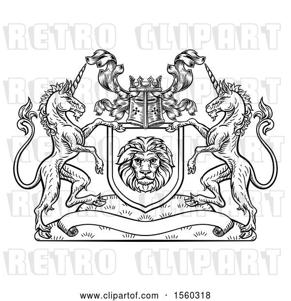Vector Clip Art of Retro Rampant Lion and Unicorn Flanking a Lion Shield over a Banner, Woodcut