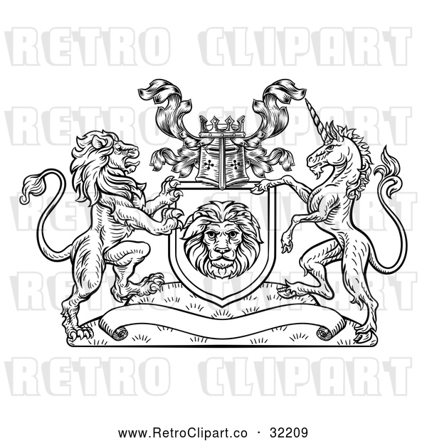 Vector Clip Art of Retro Rampant Lion and Unicorn Flanking a Shield over a Banner, Woodcut