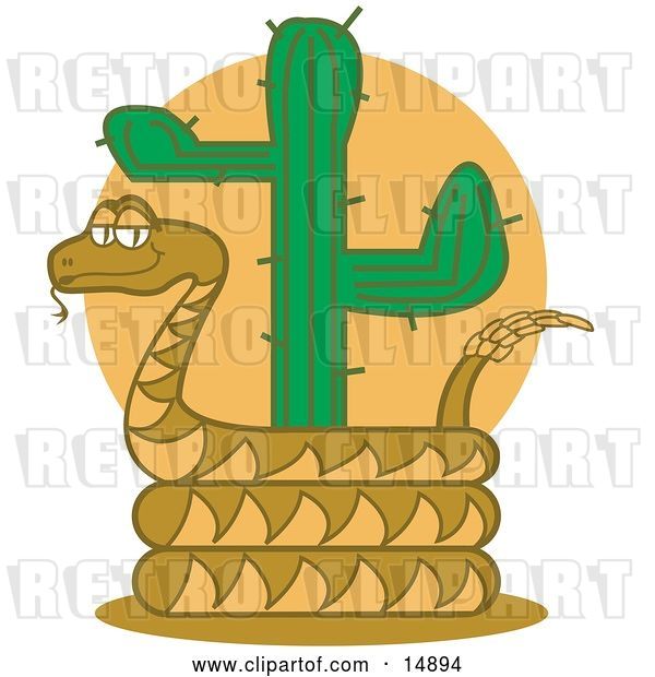 Vector Clip Art of Retro Rattlesnake Holding out His Rattle and Curled Around a Desert Cactus