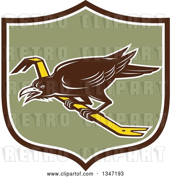 Vector Clip Art of Retro Raven Bird on a Crowbar in a Brown White and Green Shield