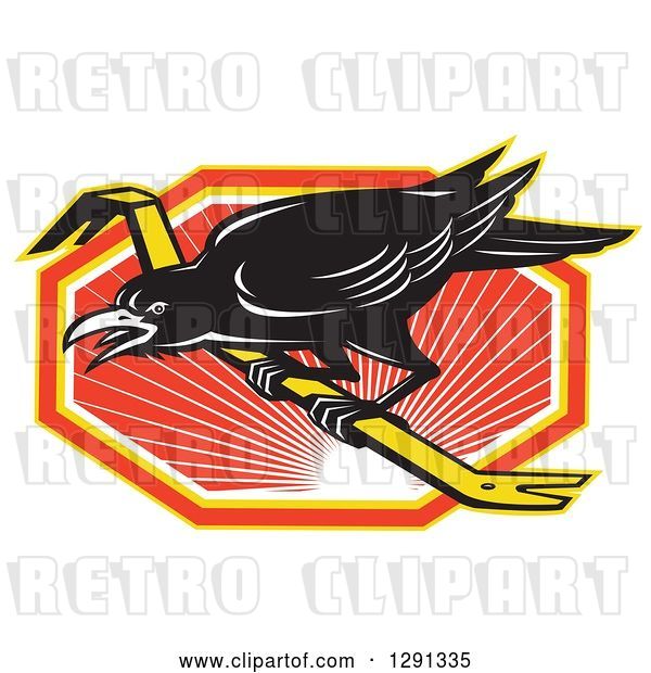 Vector Clip Art of Retro Raven on a Crowbar over an Orange White and Yellow Sunset Hexagon