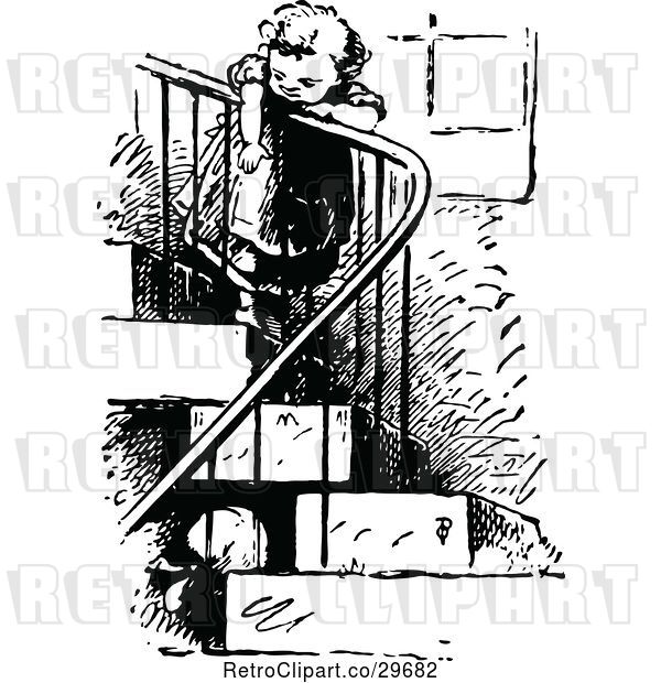 Vector Clip Art of Retro Reaching over Stair Railing