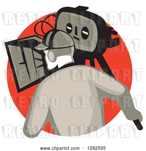 Vector Clip Art of Retro Rear View of a Cameraman Filming in a Red Circle