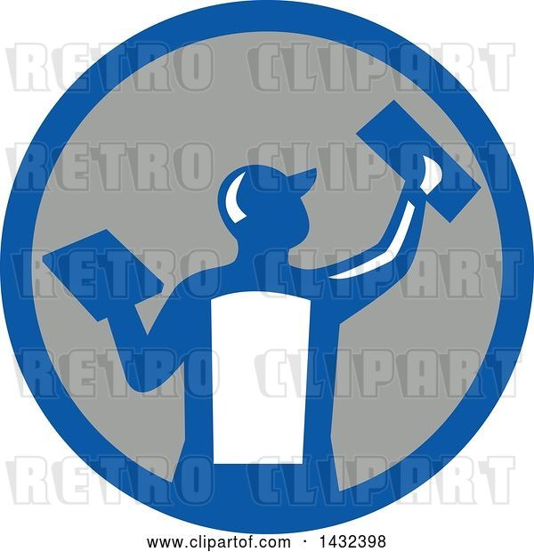 Vector Clip Art of Retro Rear View of a Male Plasterer Worker Using Trowels in a Blue White and Gray Circle
