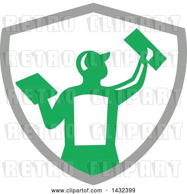 Vector Clip Art of Retro Rear View of a Male Plasterer Worker Using Trowels in a Gray White and Green Crest