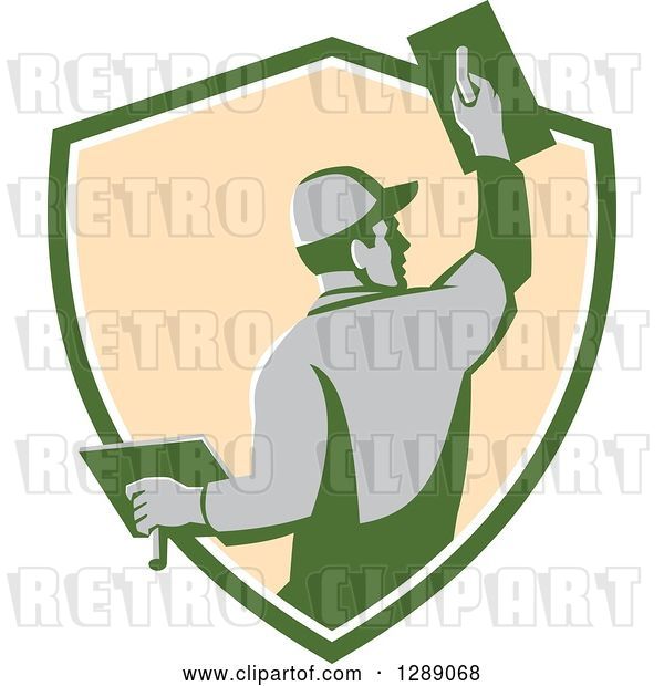 Vector Clip Art of Retro Rear View of a Male Plasterer Working in a Green White and Beige Shield
