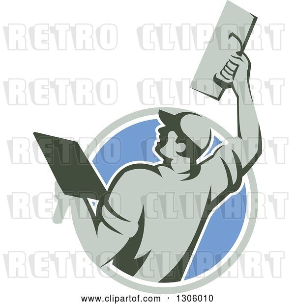Vector Clip Art of Retro Rear View of a Male Plasterer Working with a Trowel and Emerging from a Gray White and Blue Circle