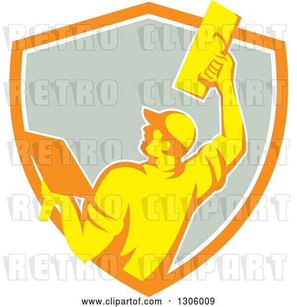 Vector Clip Art of Retro Rear View of a Male Plasterer Working with a Trowel and Emerging from an Orange White and Gray Shield
