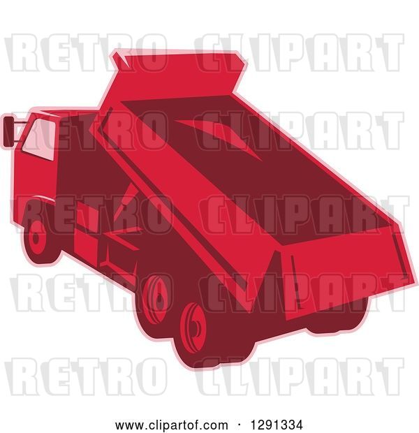 Vector Clip Art of Retro Rear View of a Red Toned Dump Truck Unloading