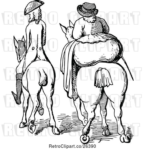 Vector Clip Art of Retro Rear View of a Skinny Guy and Fat Lady on Horses