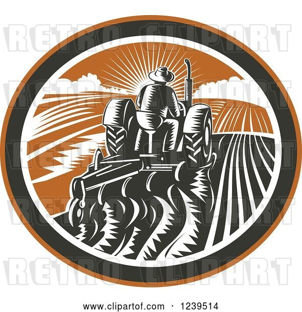 Vector Clip Art of Retro Rear View of a Woodcut Farmer Plowing a Field at Sunset, in an Oval