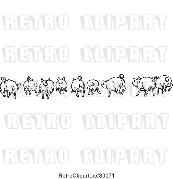 Vector Clip Art of Retro Rear View of Running Pigs