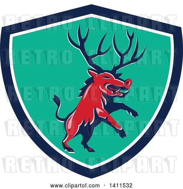 Vector Clip Art of Retro Rearing Razorback Boar Pig Beast with Antlers in a Blue White and Turquoise Shield