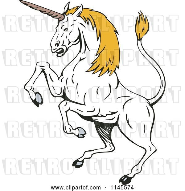 Vector Clip Art of Retro Rearing White Unicorn with Yellow Hair