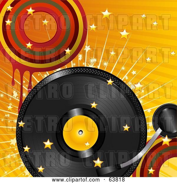 Vector Clip Art of Retro Record Turning over a Bursting Orange Background with Stars and Dripping Circles