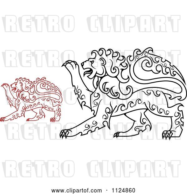 Vector Clip Art of Retro Red and Black Curly Haired Royal Heraldic Lions