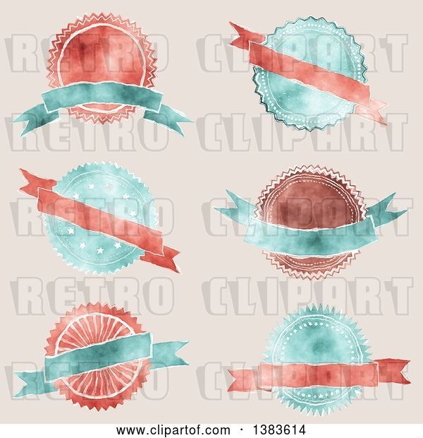 Vector Clip Art of Retro Red and Blue Styled Badge Seal Labels with Blank Ribbon Banners, on Beige