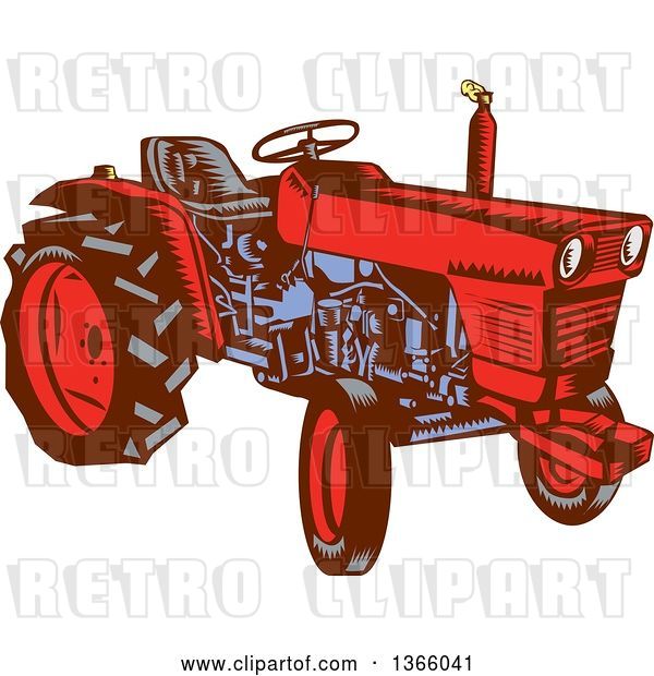 Vector Clip Art of Retro Red and Blue Woodcut Farm Tractor
