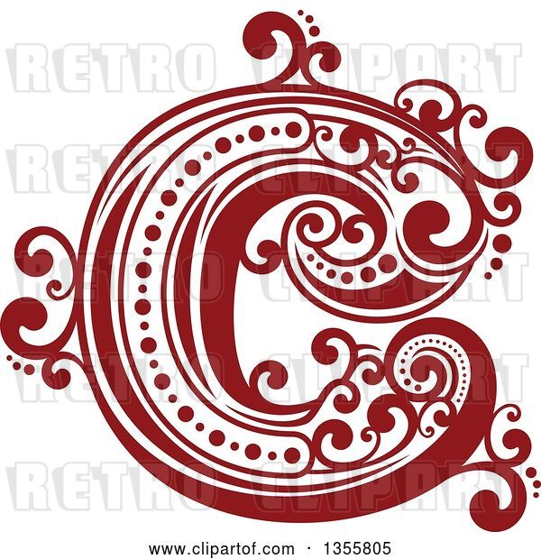 Vector Clip Art of Retro Red and White Capital Letter C with Flourishes