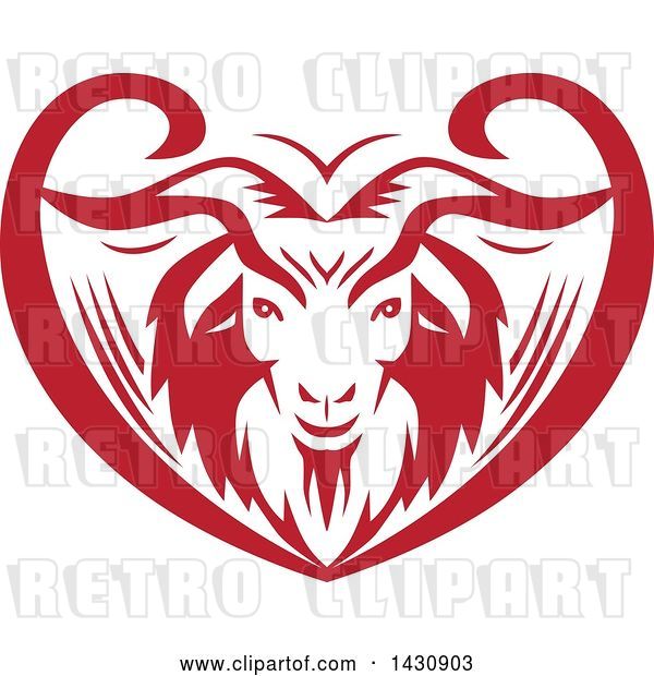 Vector Clip Art of Retro Red and White Cashmere Goat Head in an Ornate Swirl Heart