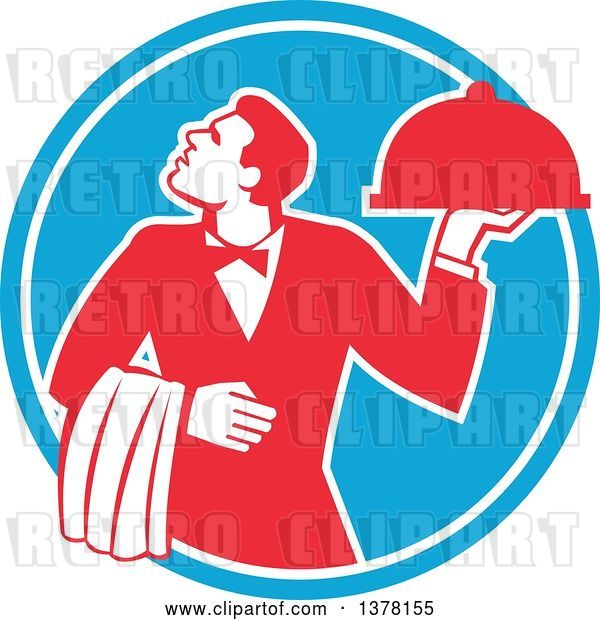 Vector Clip Art of Retro Red and White Male Waiter Holding a Cloche Platter and Looking up in a Blue Circle