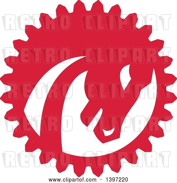 Vector Clip Art of Retro Red and White War Horse Head in a Gear Circle