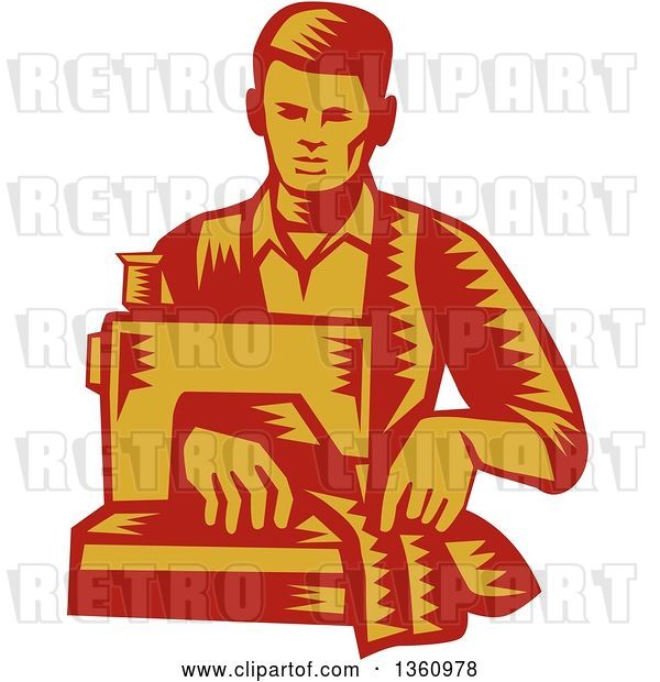 Vector Clip Art of Retro Red and Yellow Woodcut Male Tailor Operating a Sewing Machine