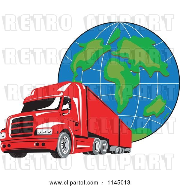 Vector Clip Art of Retro Red Big Rig Truck and Globe 1