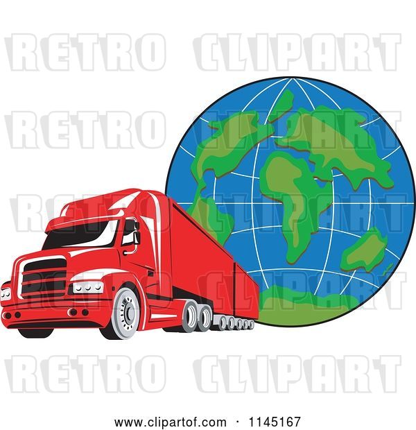 Vector Clip Art of Retro Red Big Rig Truck and Globe 2