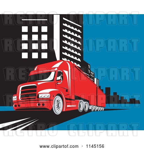 Vector Clip Art of Retro Red Big Rig Truck in a City