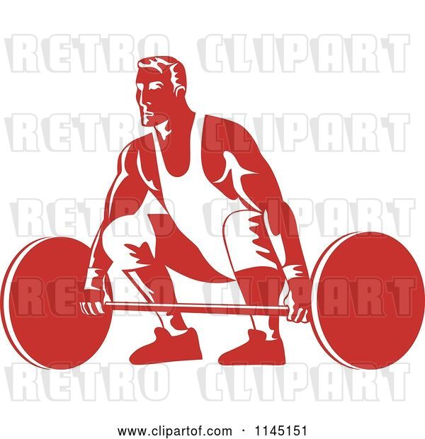 Vector Clip Art of Retro Red Bodybuilder Lifting a Barbell