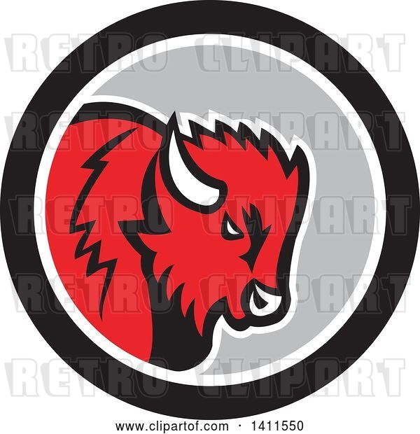 Vector Clip Art of Retro Red Buffalo Head in a Black White and Gray Circle