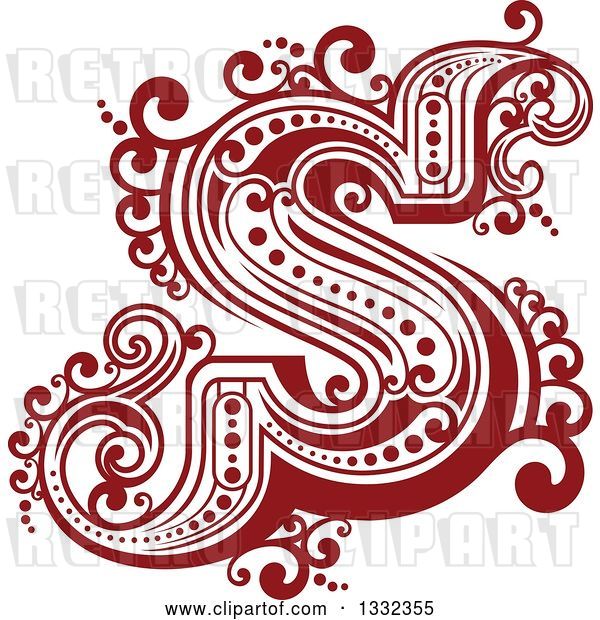 Vector Clip Art of Retro Red Capital Letter S with Flourishes